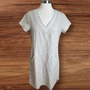 Garnet Hill Shift Dress Size 4 Beige 100% Linen Embroidered V Neck Coastal Boho